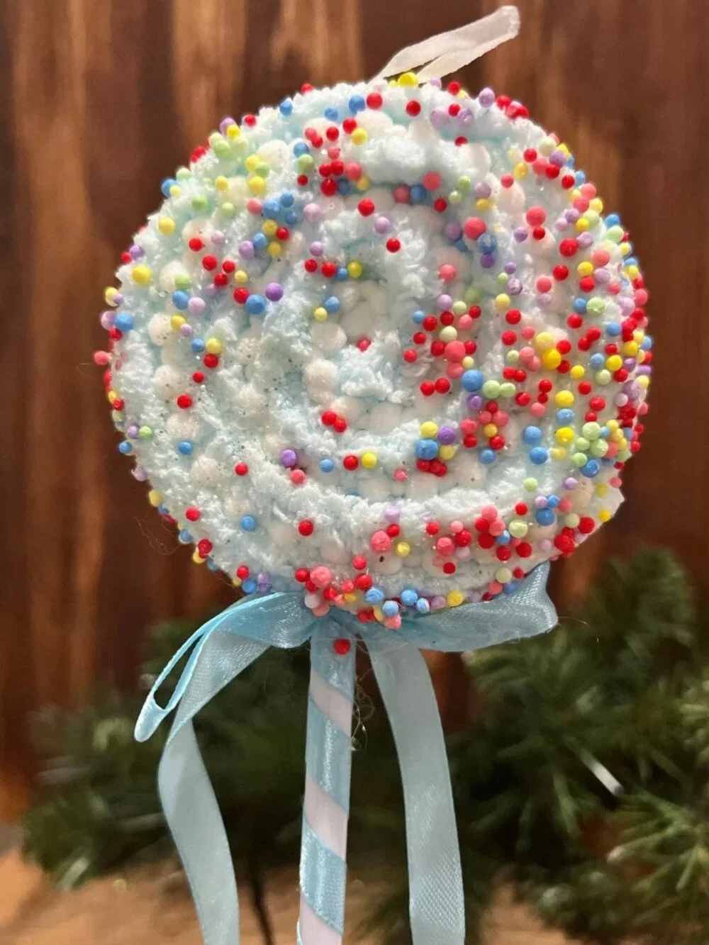 Sprinkled Lollipop Pick, Light Blue or Fuchsia Christmas Ornament Holiday Decor